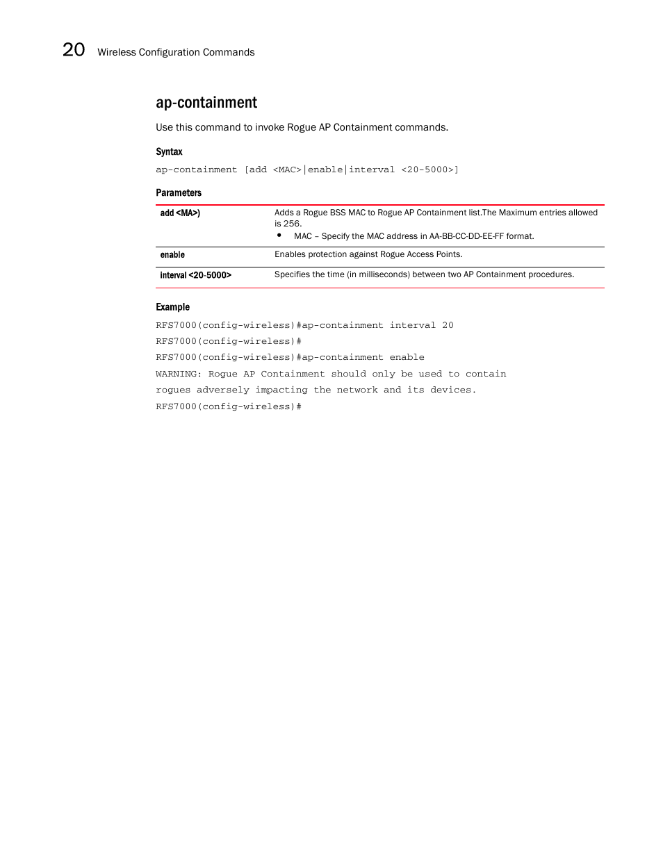 Ap-containment | Brocade Mobility RFS7000-GR Controller CLI Reference Guide (Supporting software release 4.1.0.0-040GR and later) User Manual | Page 504 / 607