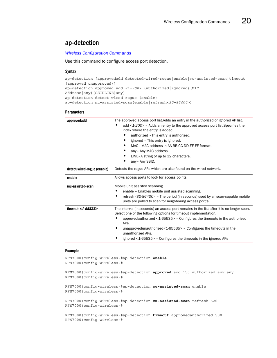 Ap-detection | Brocade Mobility RFS7000-GR Controller CLI Reference Guide (Supporting software release 4.1.0.0-040GR and later) User Manual | Page 505 / 607