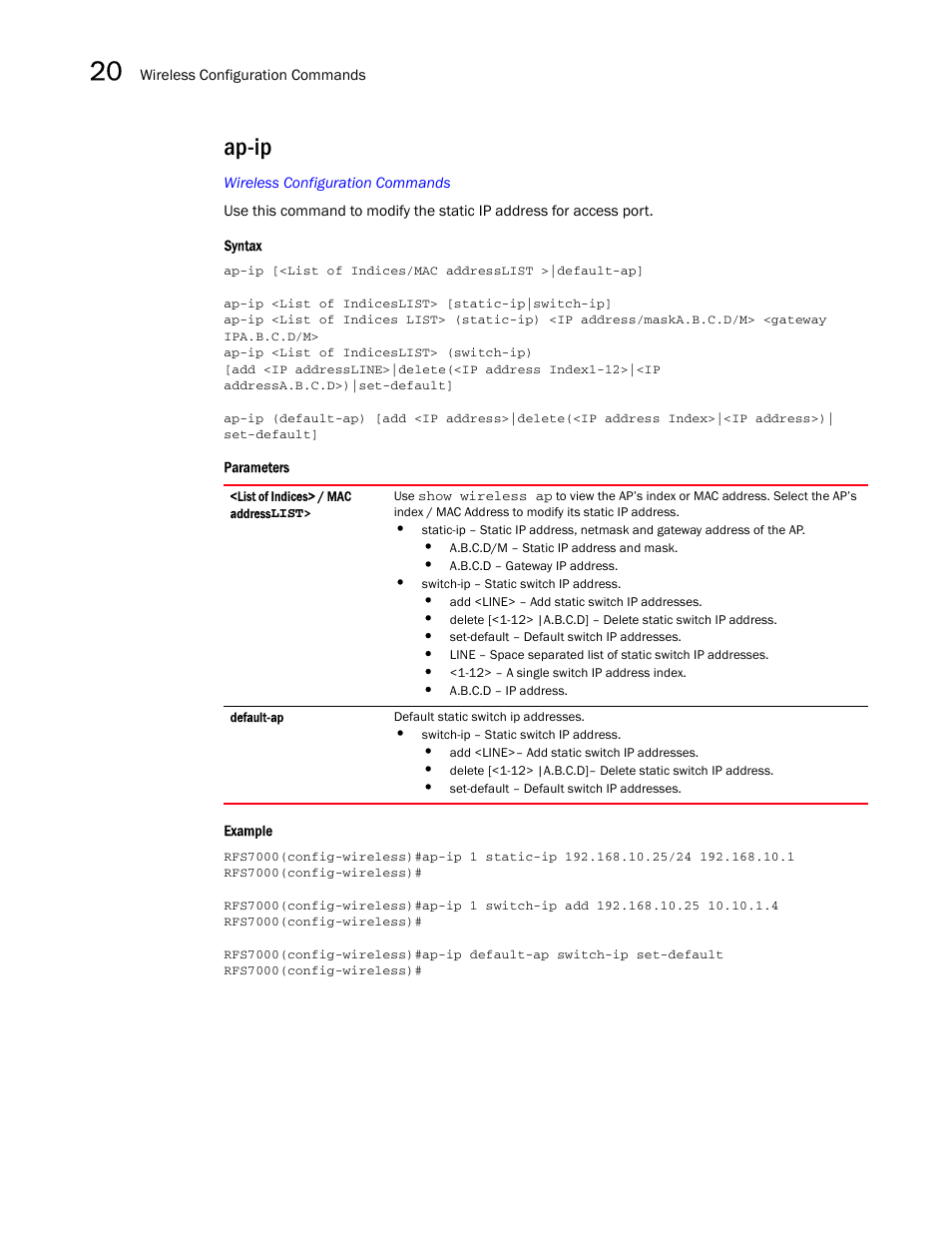 Ap-ip | Brocade Mobility RFS7000-GR Controller CLI Reference Guide (Supporting software release 4.1.0.0-040GR and later) User Manual | Page 506 / 607