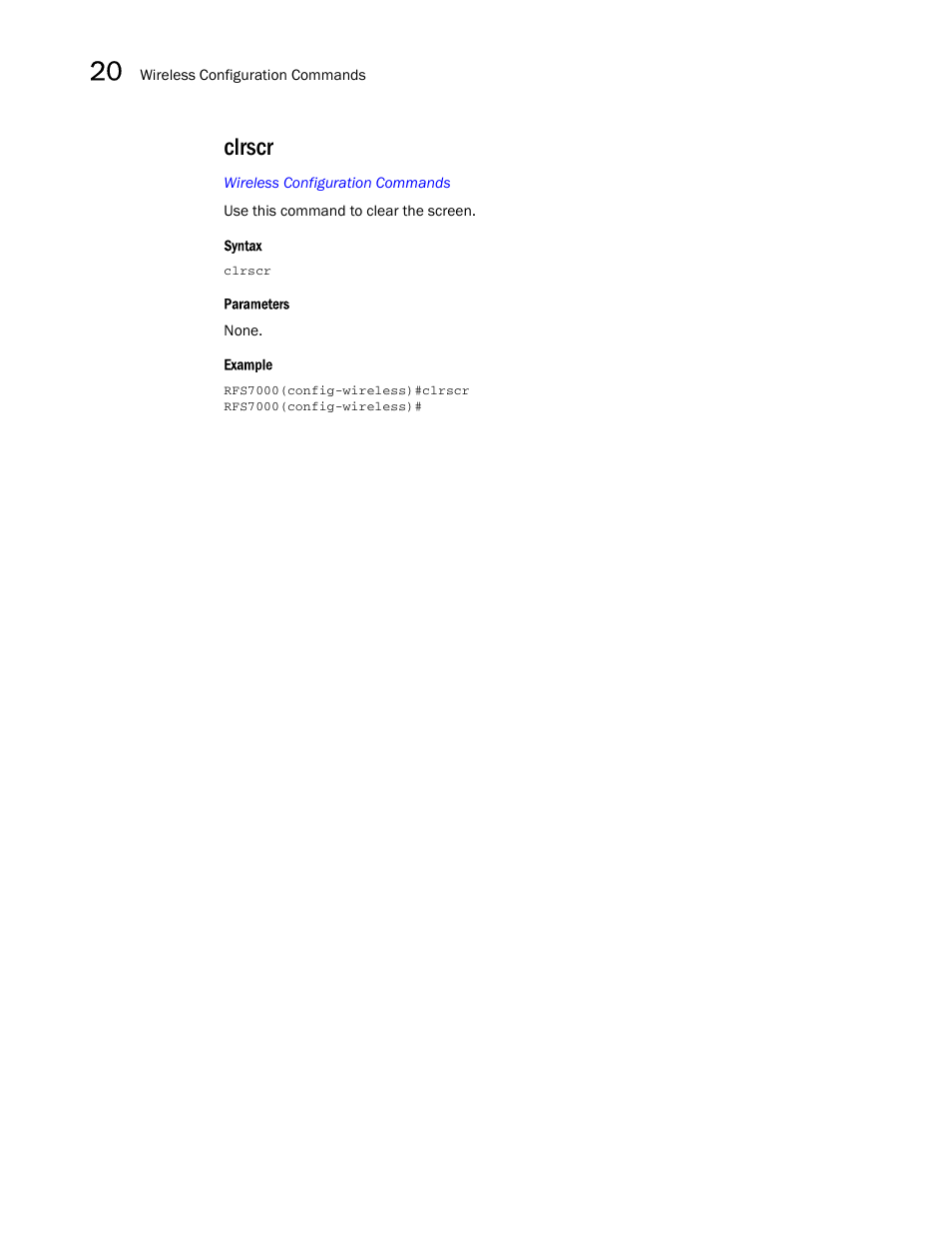 Clrscr | Brocade Mobility RFS7000-GR Controller CLI Reference Guide (Supporting software release 4.1.0.0-040GR and later) User Manual | Page 512 / 607