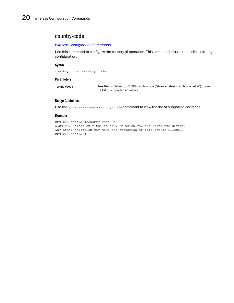 Country-code | Brocade Mobility RFS7000-GR Controller CLI Reference Guide (Supporting software release 4.1.0.0-040GR and later) User Manual | Page 514 / 607