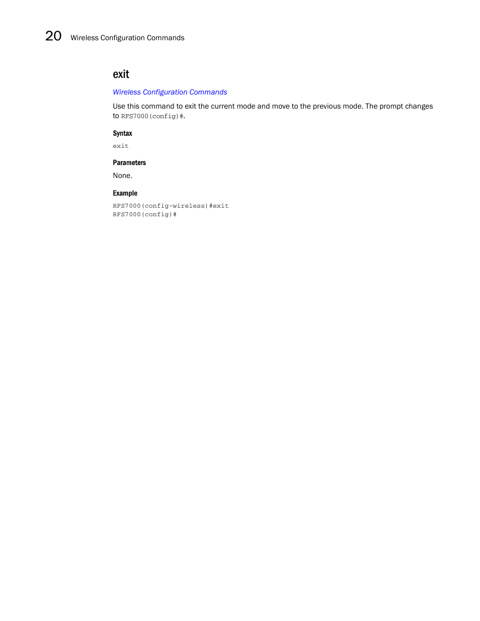 Exit | Brocade Mobility RFS7000-GR Controller CLI Reference Guide (Supporting software release 4.1.0.0-040GR and later) User Manual | Page 520 / 607