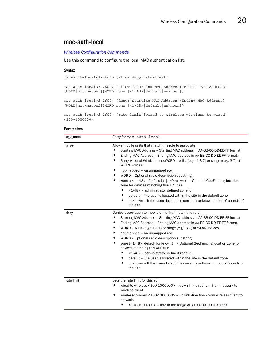 Mac-auth-local | Brocade Mobility RFS7000-GR Controller CLI Reference Guide (Supporting software release 4.1.0.0-040GR and later) User Manual | Page 525 / 607