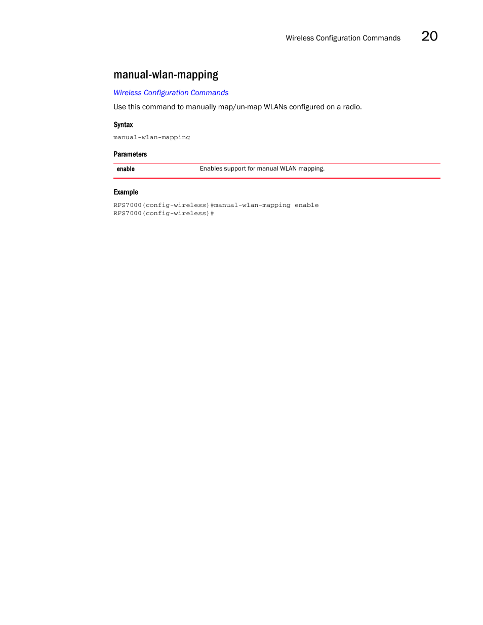 Manual-wlan-mapping, Manual-wlan-mappi ng | Brocade Mobility RFS7000-GR Controller CLI Reference Guide (Supporting software release 4.1.0.0-040GR and later) User Manual | Page 527 / 607