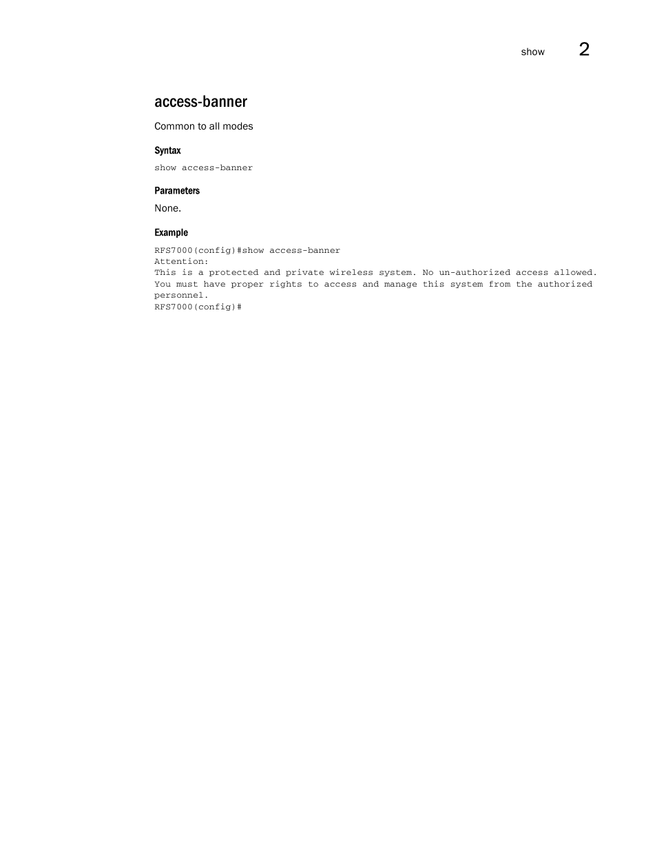 Access-banner | Brocade Mobility RFS7000-GR Controller CLI Reference Guide (Supporting software release 4.1.0.0-040GR and later) User Manual | Page 53 / 607