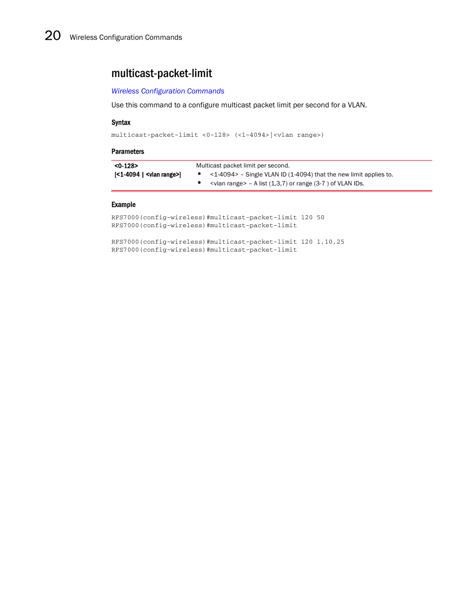 Multicast-packet-limit, Multicast-packet-lim it | Brocade Mobility RFS7000-GR Controller CLI Reference Guide (Supporting software release 4.1.0.0-040GR and later) User Manual | Page 530 / 607