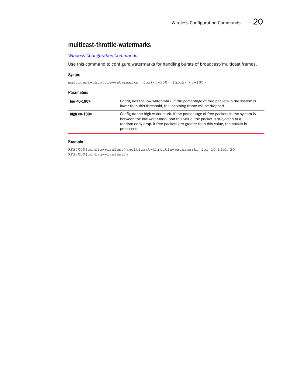 Multicast-throttle-watermarks, Multicast-throttle-w atermarks | Brocade Mobility RFS7000-GR Controller CLI Reference Guide (Supporting software release 4.1.0.0-040GR and later) User Manual | Page 531 / 607