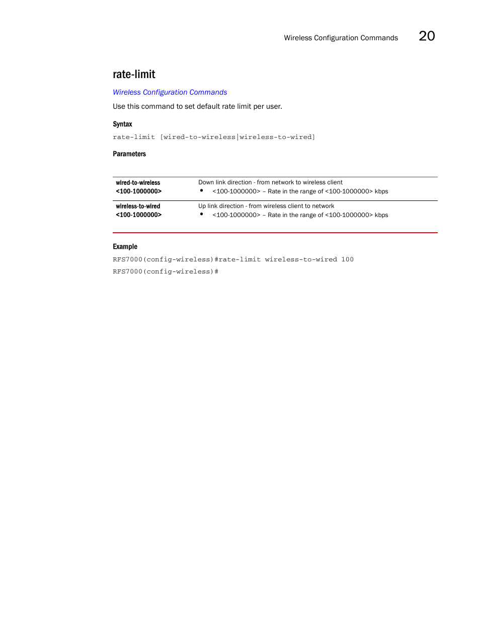 Rate-limit | Brocade Mobility RFS7000-GR Controller CLI Reference Guide (Supporting software release 4.1.0.0-040GR and later) User Manual | Page 545 / 607