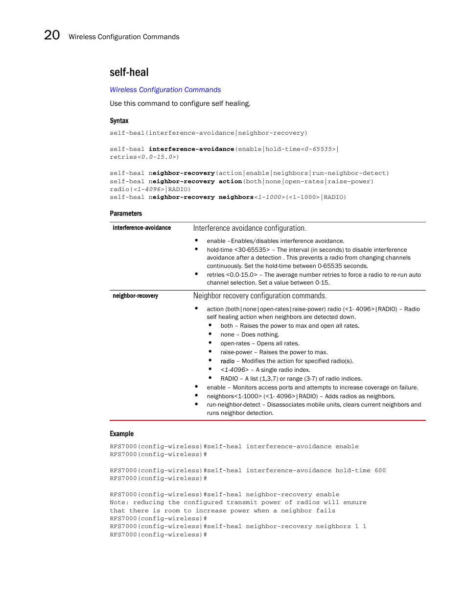 Self-heal | Brocade Mobility RFS7000-GR Controller CLI Reference Guide (Supporting software release 4.1.0.0-040GR and later) User Manual | Page 546 / 607