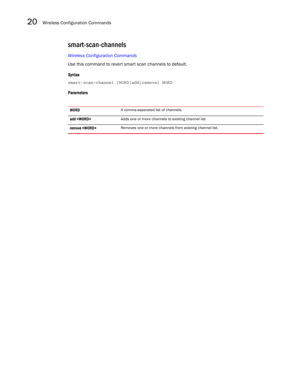 Smart-scan-channels, Smart-scan-channel s | Brocade Mobility RFS7000-GR Controller CLI Reference Guide (Supporting software release 4.1.0.0-040GR and later) User Manual | Page 556 / 607