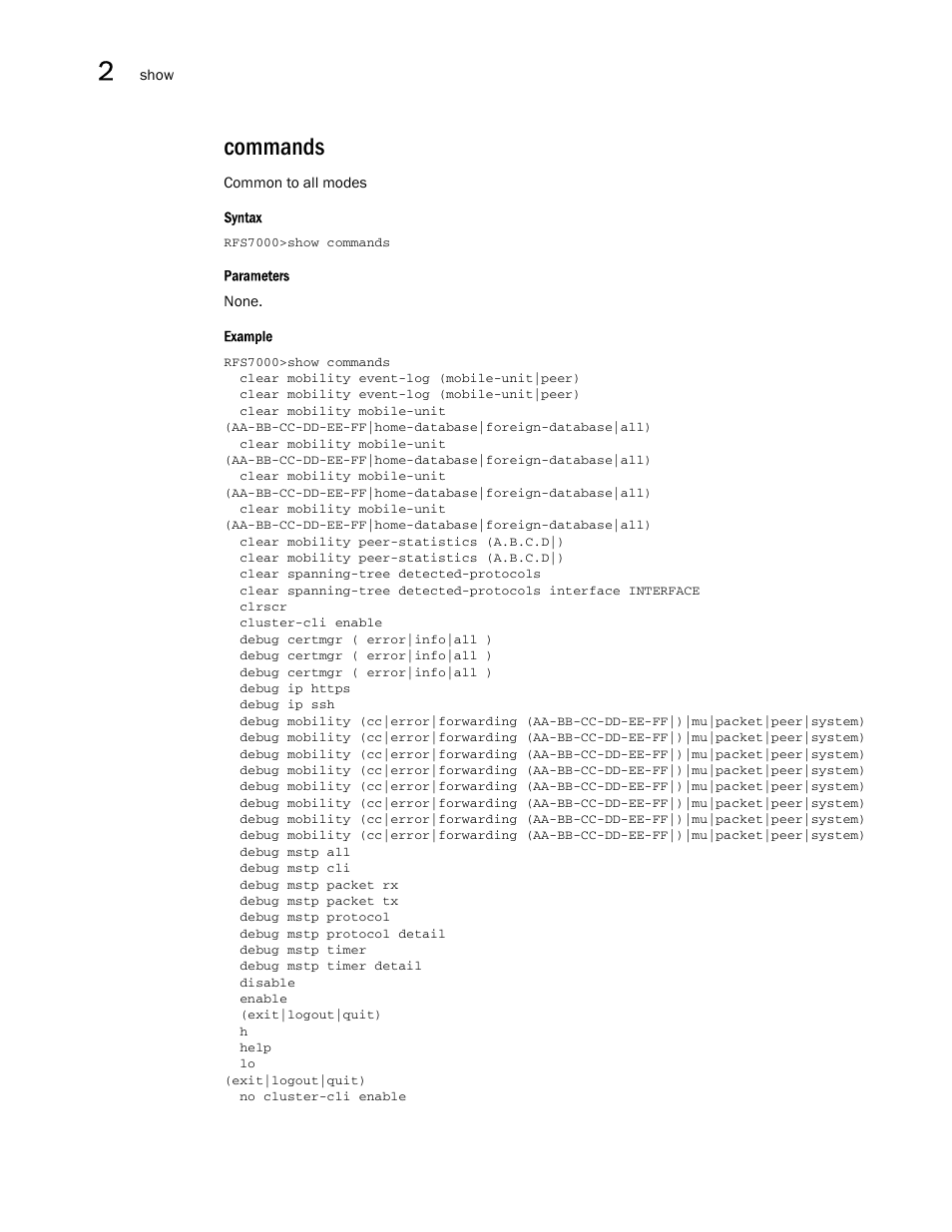 Commands | Brocade Mobility RFS7000-GR Controller CLI Reference Guide (Supporting software release 4.1.0.0-040GR and later) User Manual | Page 56 / 607
