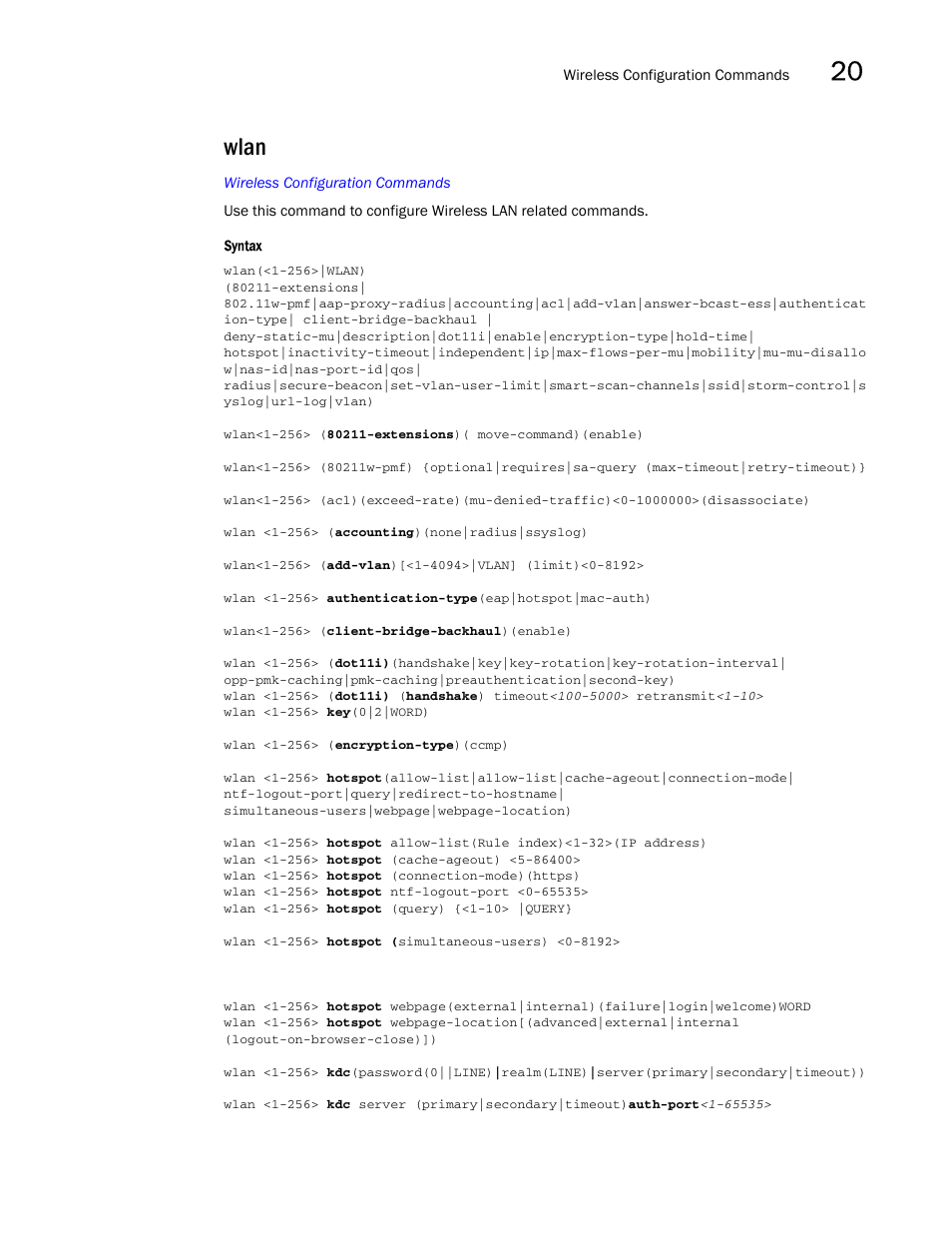 Wlan | Brocade Mobility RFS7000-GR Controller CLI Reference Guide (Supporting software release 4.1.0.0-040GR and later) User Manual | Page 561 / 607