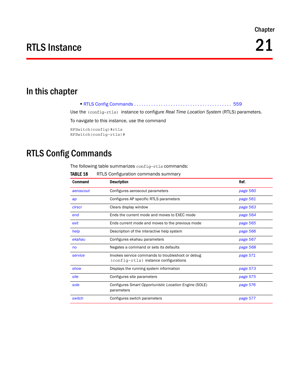 Rtls instance, In this chapter, Rtls config commands | 21 rtls instance, Chapter 21, “rtls instance, Chapter | Brocade Mobility RFS7000-GR Controller CLI Reference Guide (Supporting software release 4.1.0.0-040GR and later) User Manual | Page 573 / 607