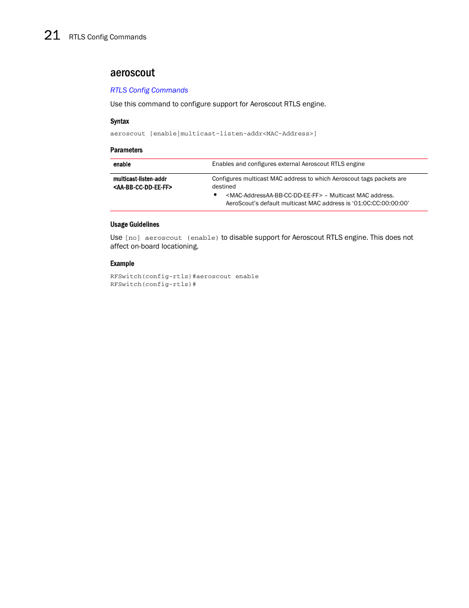 Aeroscout | Brocade Mobility RFS7000-GR Controller CLI Reference Guide (Supporting software release 4.1.0.0-040GR and later) User Manual | Page 574 / 607