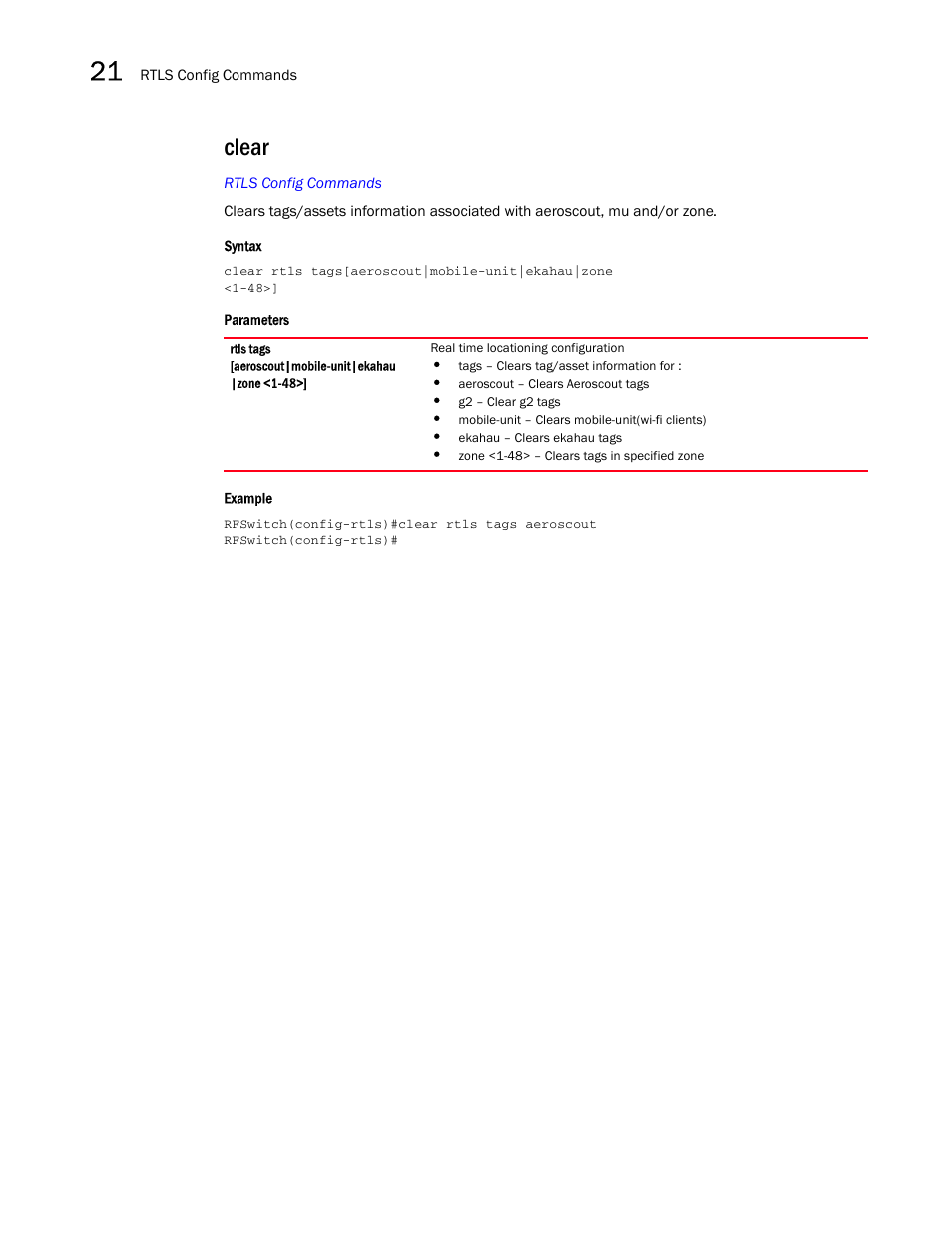 Clear | Brocade Mobility RFS7000-GR Controller CLI Reference Guide (Supporting software release 4.1.0.0-040GR and later) User Manual | Page 576 / 607