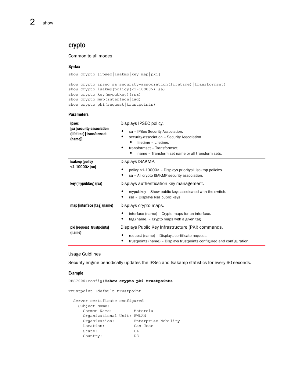 Crypto | Brocade Mobility RFS7000-GR Controller CLI Reference Guide (Supporting software release 4.1.0.0-040GR and later) User Manual | Page 58 / 607