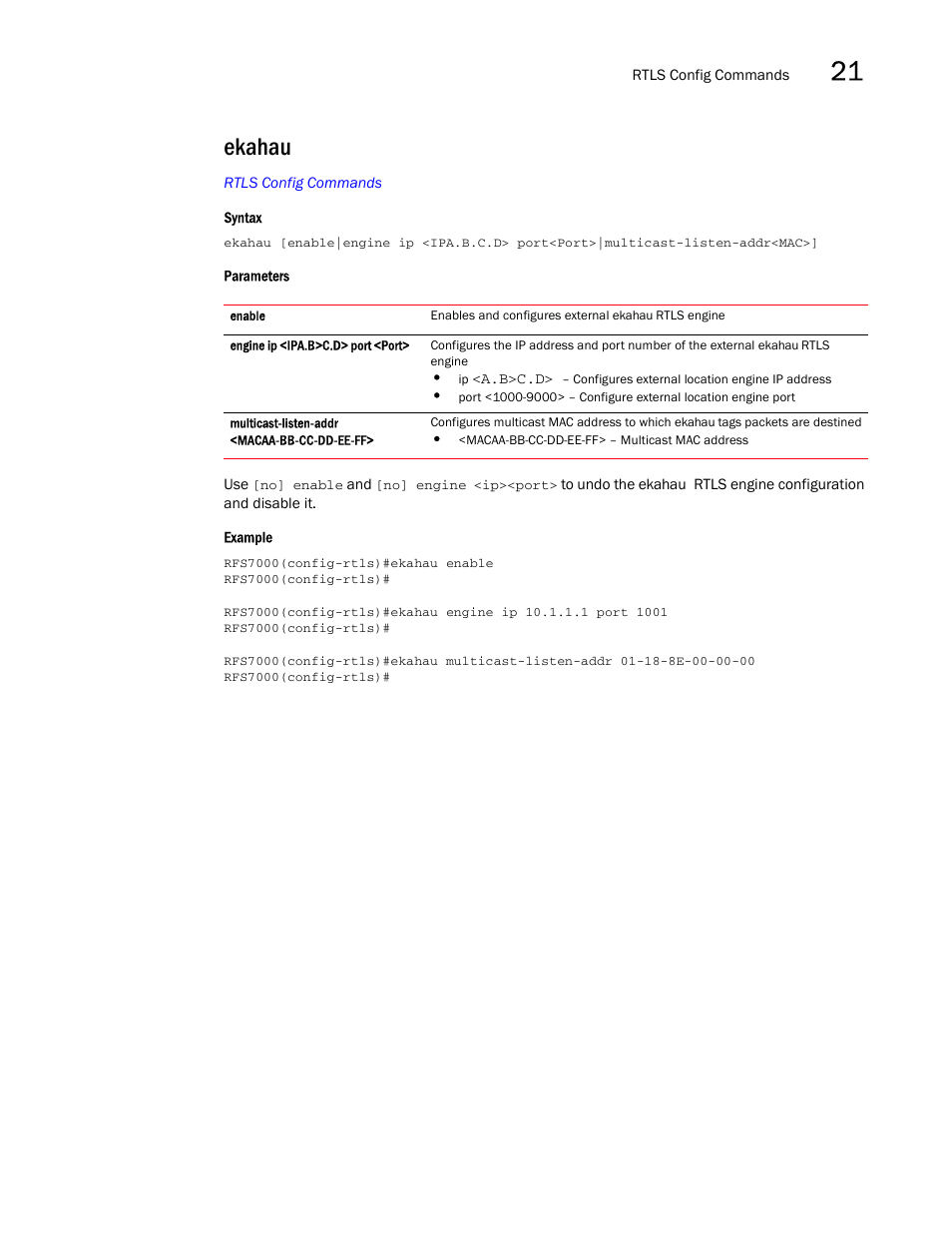 Ekahau | Brocade Mobility RFS7000-GR Controller CLI Reference Guide (Supporting software release 4.1.0.0-040GR and later) User Manual | Page 581 / 607
