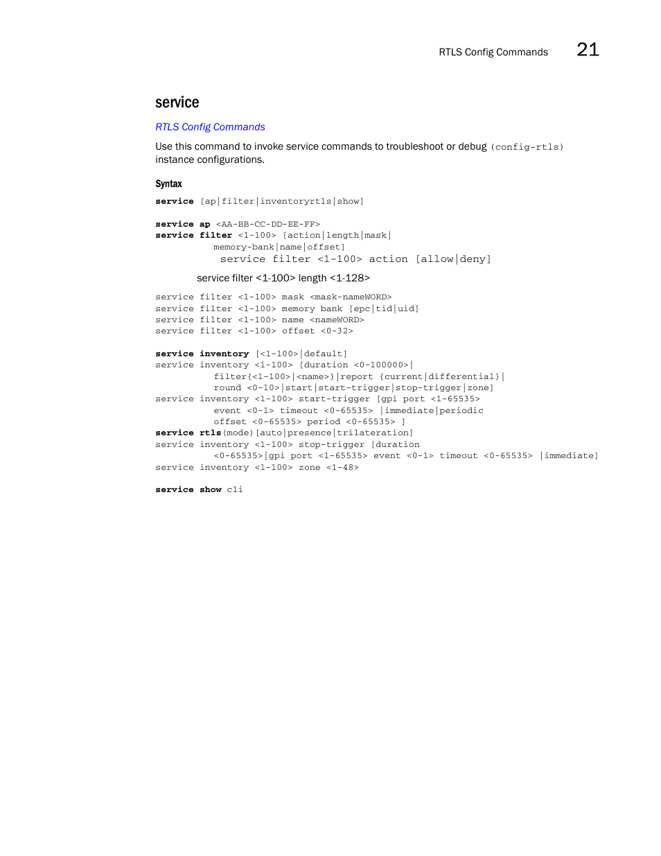 Service | Brocade Mobility RFS7000-GR Controller CLI Reference Guide (Supporting software release 4.1.0.0-040GR and later) User Manual | Page 585 / 607