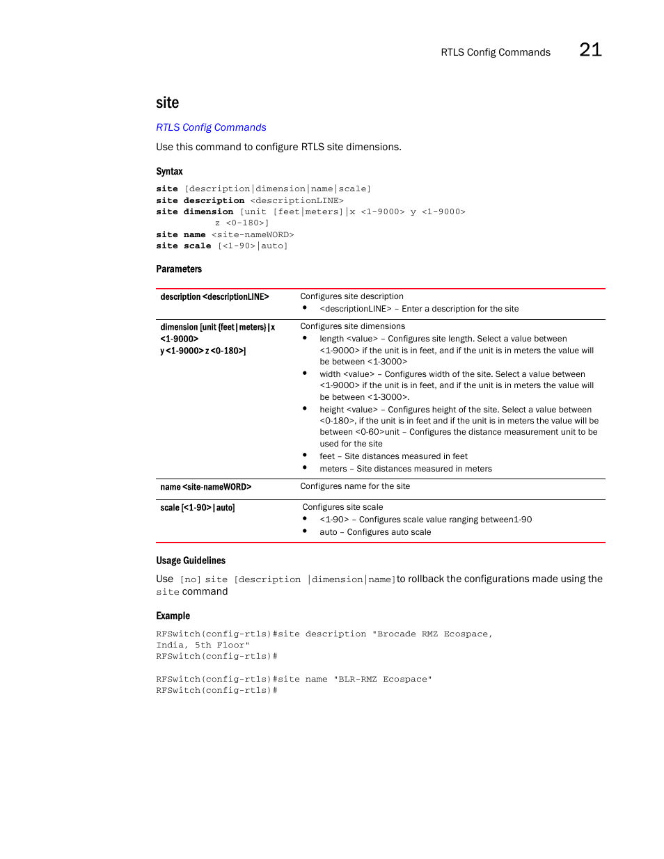 Site | Brocade Mobility RFS7000-GR Controller CLI Reference Guide (Supporting software release 4.1.0.0-040GR and later) User Manual | Page 589 / 607