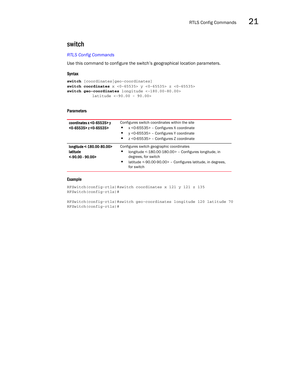 Switch | Brocade Mobility RFS7000-GR Controller CLI Reference Guide (Supporting software release 4.1.0.0-040GR and later) User Manual | Page 591 / 607