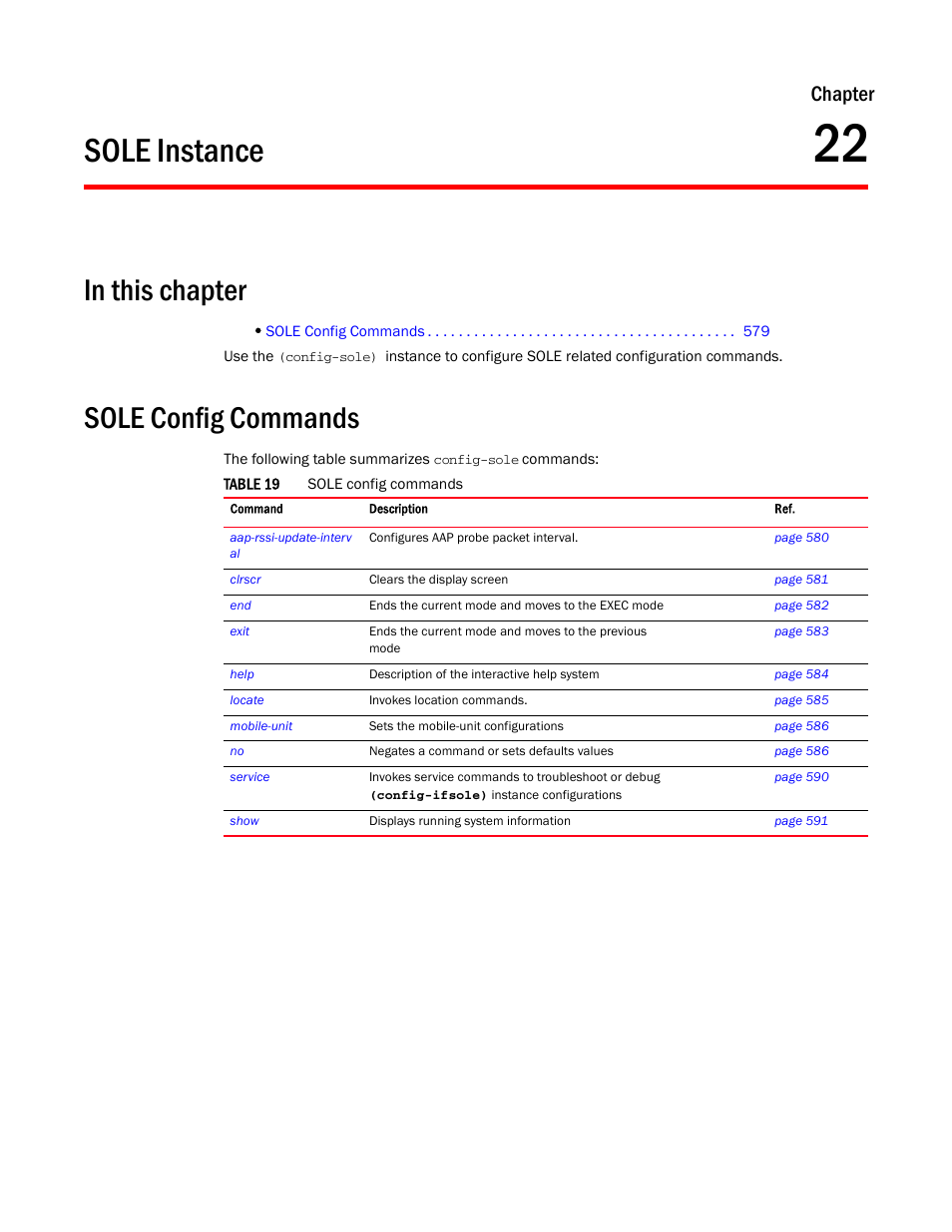Sole instance, In this chapter, Sole config commands | 22 sole instance, Chapter 22, “sole instance, Sole, Chapter | Brocade Mobility RFS7000-GR Controller CLI Reference Guide (Supporting software release 4.1.0.0-040GR and later) User Manual | Page 593 / 607