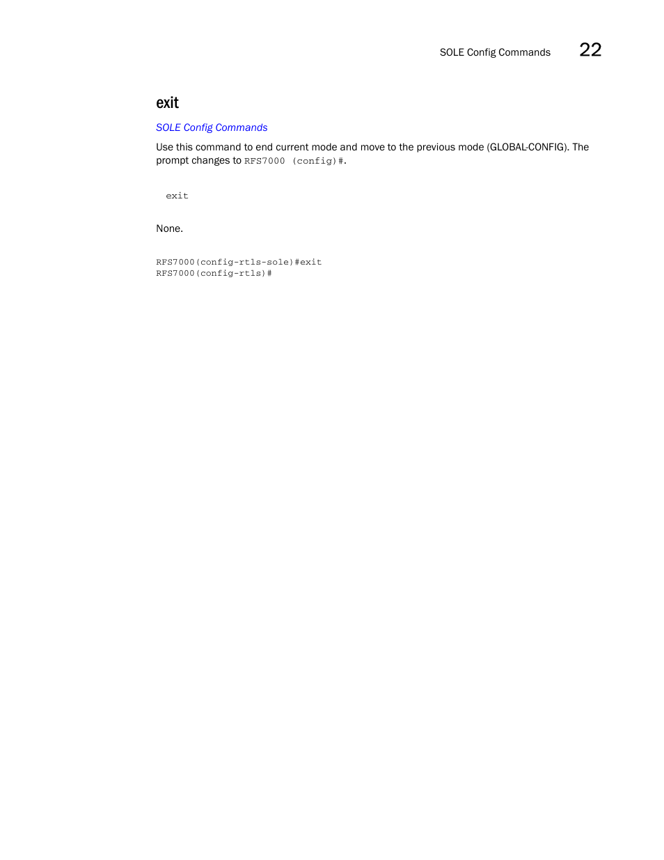 Exit | Brocade Mobility RFS7000-GR Controller CLI Reference Guide (Supporting software release 4.1.0.0-040GR and later) User Manual | Page 597 / 607