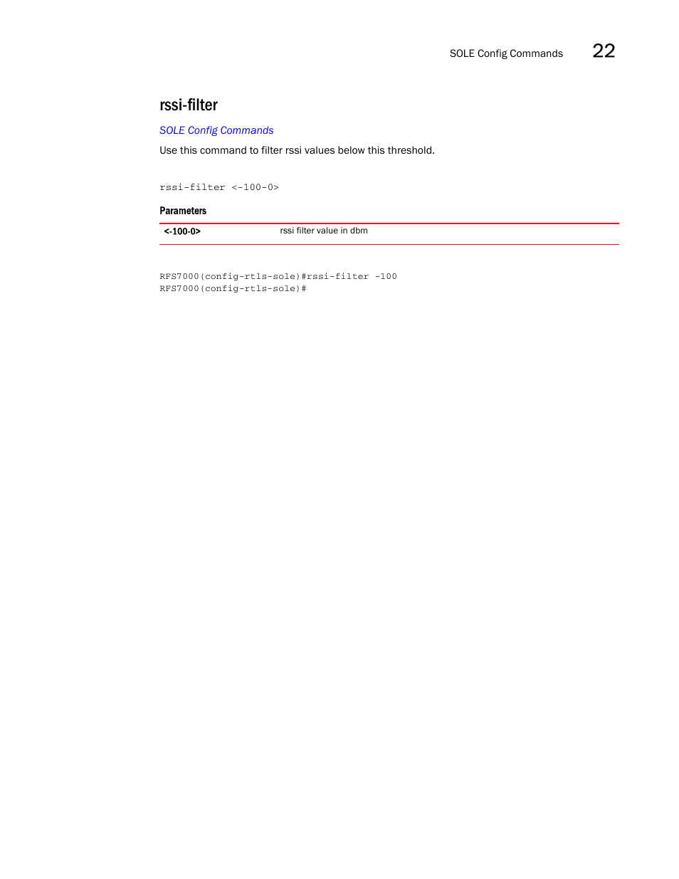 Rssi-filter | Brocade Mobility RFS7000-GR Controller CLI Reference Guide (Supporting software release 4.1.0.0-040GR and later) User Manual | Page 603 / 607
