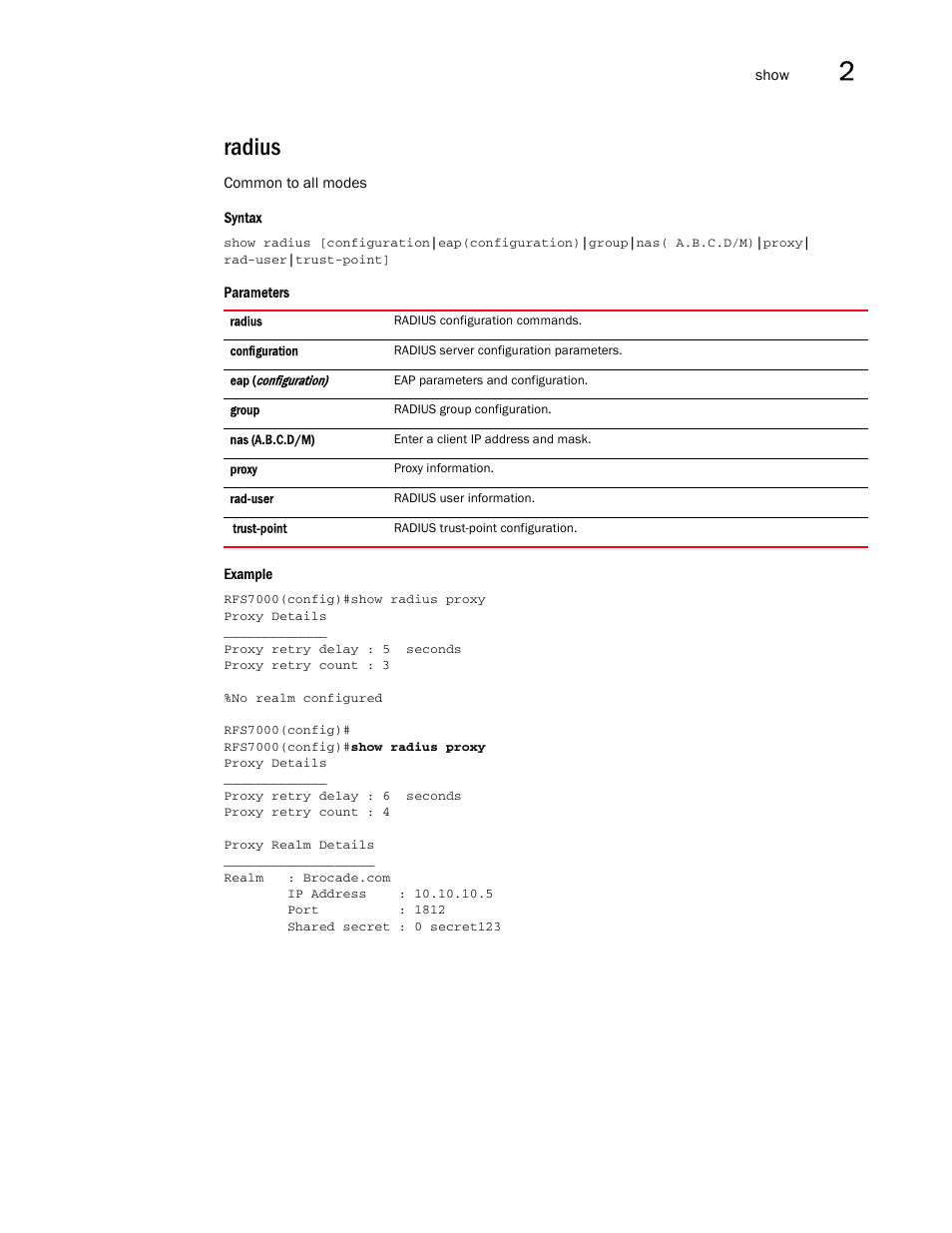 Radius | Brocade Mobility RFS7000-GR Controller CLI Reference Guide (Supporting software release 4.1.0.0-040GR and later) User Manual | Page 83 / 607