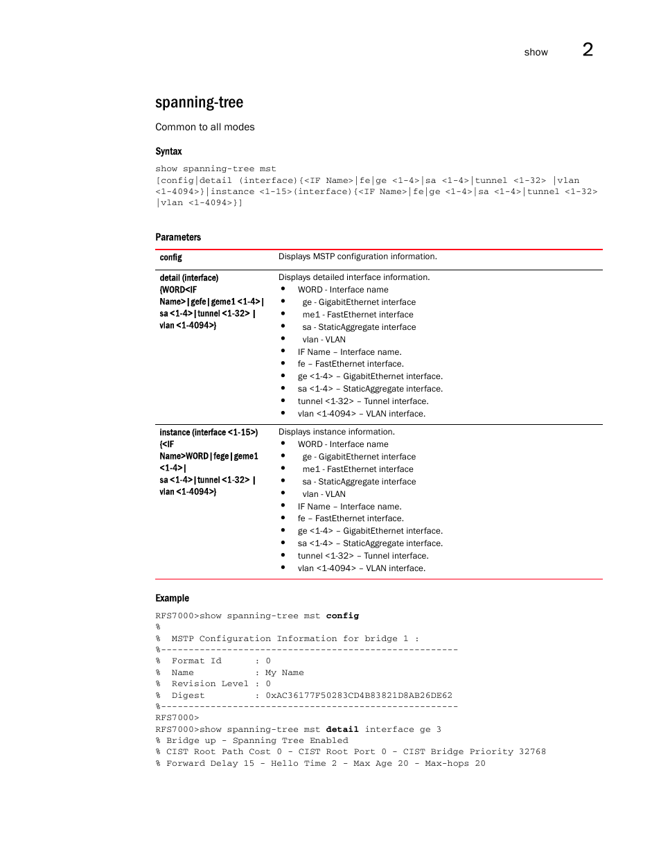 Spanning-tree | Brocade Mobility RFS7000-GR Controller CLI Reference Guide (Supporting software release 4.1.0.0-040GR and later) User Manual | Page 89 / 607