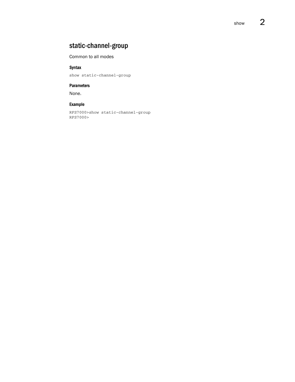Static-channel-group | Brocade Mobility RFS7000-GR Controller CLI Reference Guide (Supporting software release 4.1.0.0-040GR and later) User Manual | Page 91 / 607