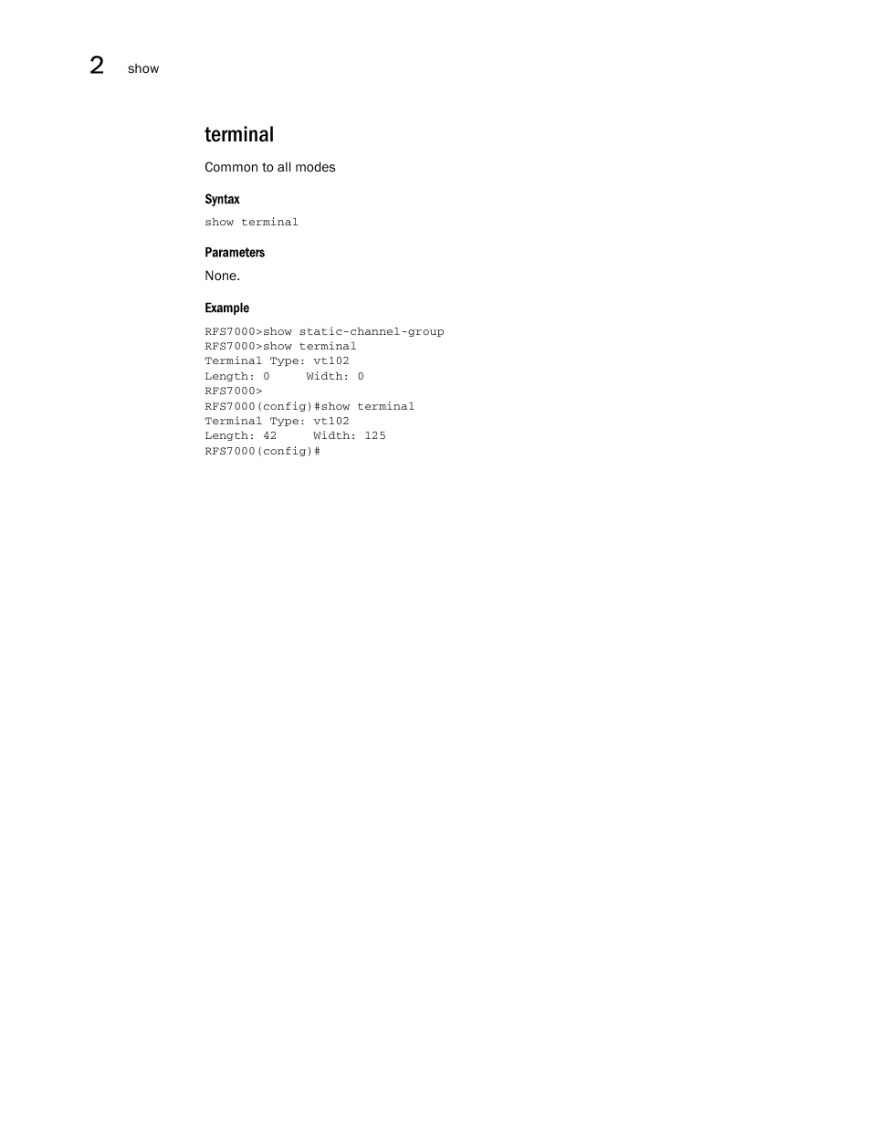 Terminal | Brocade Mobility RFS7000-GR Controller CLI Reference Guide (Supporting software release 4.1.0.0-040GR and later) User Manual | Page 92 / 607