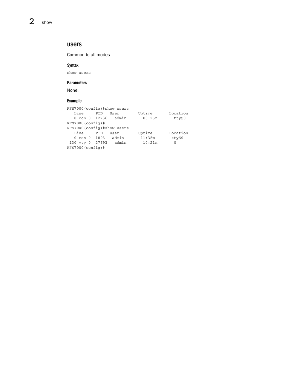 Users | Brocade Mobility RFS7000-GR Controller CLI Reference Guide (Supporting software release 4.1.0.0-040GR and later) User Manual | Page 94 / 607