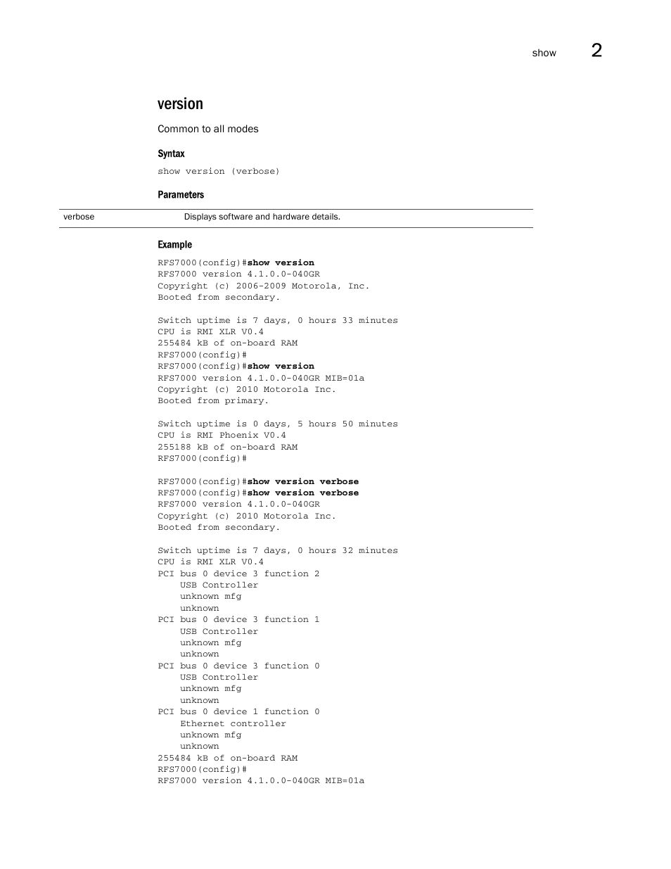 Version | Brocade Mobility RFS7000-GR Controller CLI Reference Guide (Supporting software release 4.1.0.0-040GR and later) User Manual | Page 95 / 607