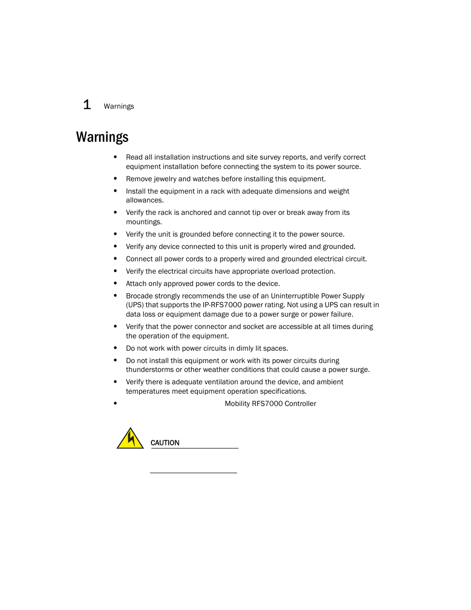 Warnings | Brocade Mobility RFS7000 Controller Installation Guide User Manual | Page 10 / 40