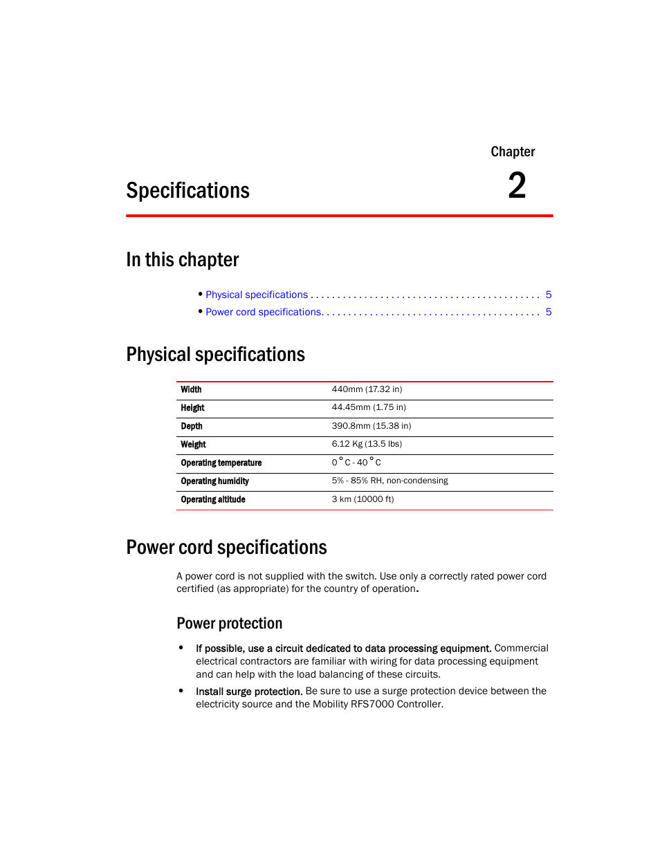 Specifications, Physical specifications, Power cord specifications | Power protection, 2 specifications, Physical specifications power cord specifications | Brocade Mobility RFS7000 Controller Installation Guide User Manual | Page 13 / 40