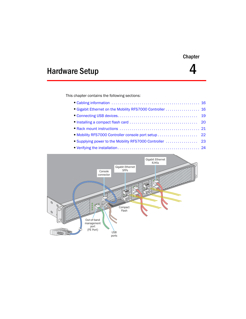 Hardware setup, 4 hardware setup, Chapter | Brocade Mobility RFS7000 Controller Installation Guide User Manual | Page 23 / 40