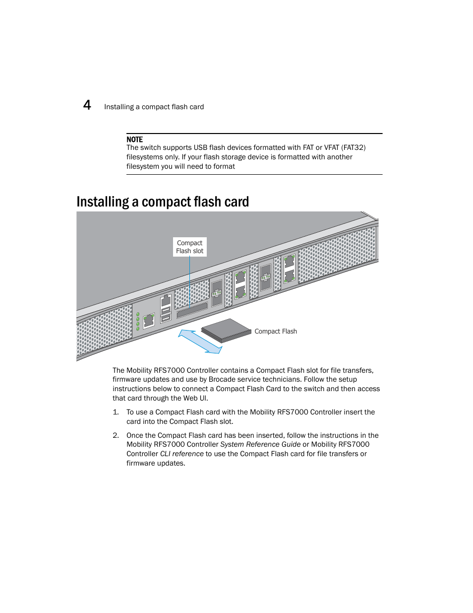 Installing a compact flash card | Brocade Mobility RFS7000 Controller Installation Guide User Manual | Page 28 / 40