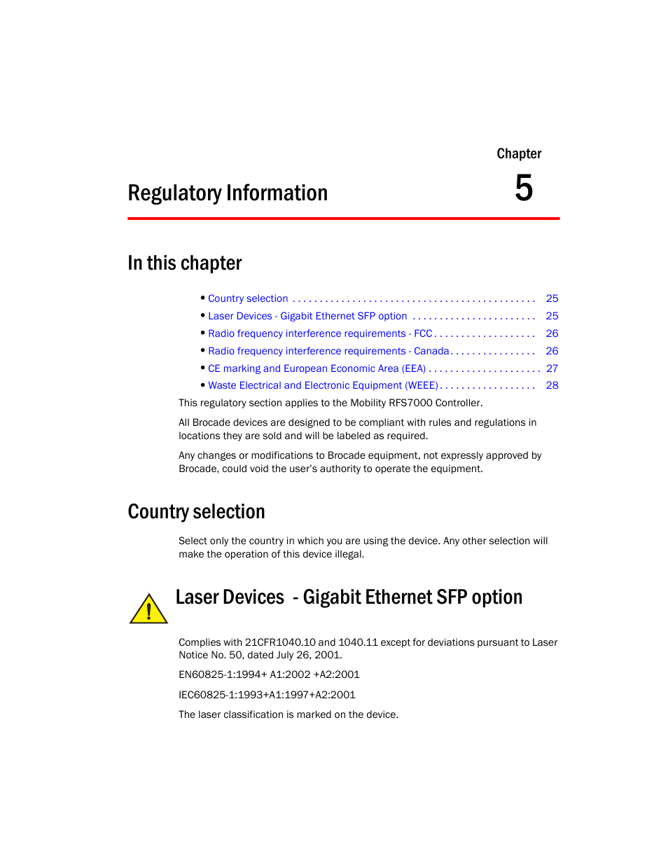 Regulatory information, Country selection, Laser devices - gigabit ethernet sfp option | 5 regulatory information | Brocade Mobility RFS7000 Controller Installation Guide User Manual | Page 33 / 40