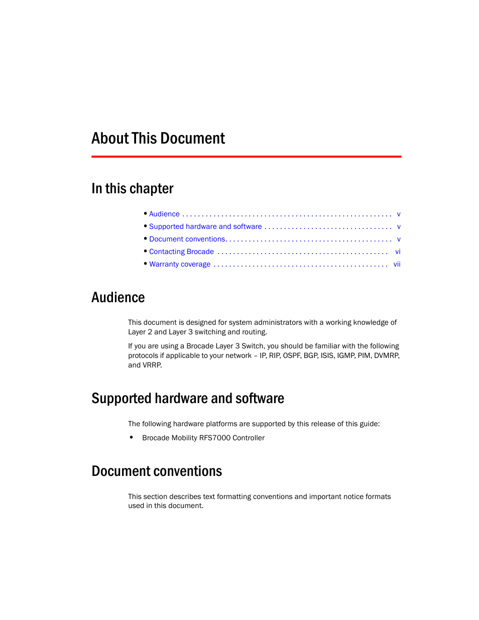 About this document, In this chapter, Audience | Supported hardware and software, Document conventions | Brocade Mobility RFS7000 Controller Installation Guide User Manual | Page 5 / 40