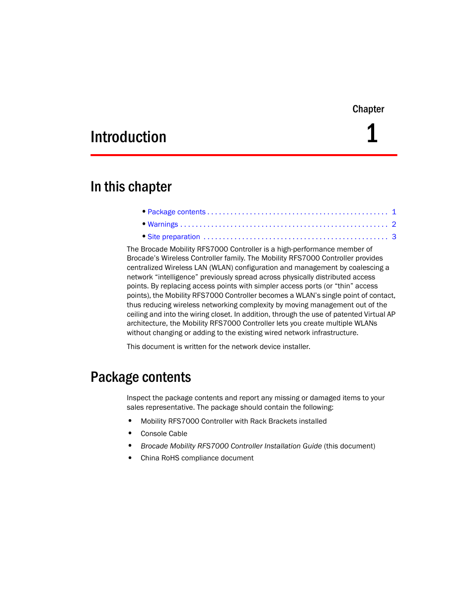 Introduction, Package contents, 1 introduction | Brocade Mobility RFS7000 Controller Installation Guide User Manual | Page 9 / 40