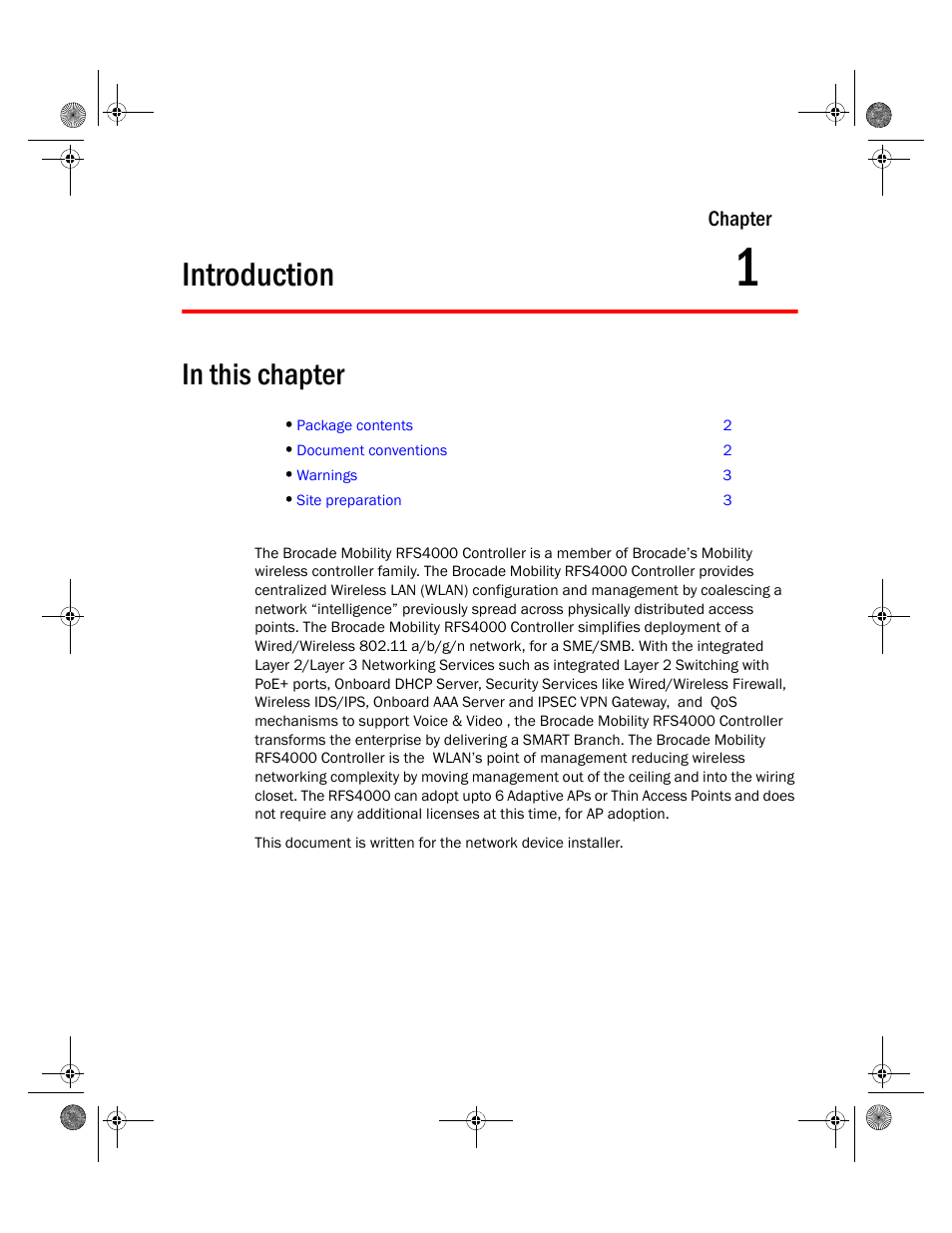 Introduction, 1 introduction | Brocade Mobility RFS4000 Controller Installation Guide (Supporting software release 4.3.0.0 and later) User Manual | Page 11 / 42