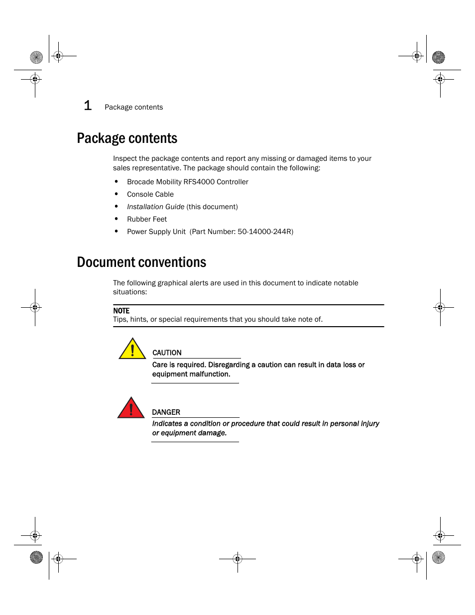 Package contents, Document conventions, Package contents document conventions | Brocade Mobility RFS4000 Controller Installation Guide (Supporting software release 4.3.0.0 and later) User Manual | Page 12 / 42