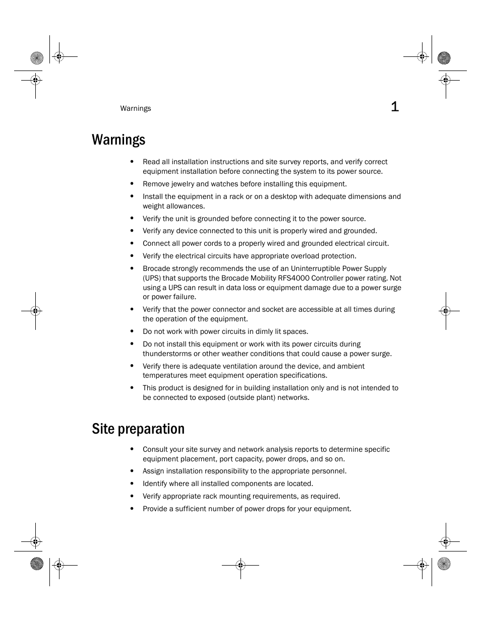 Warnings, Site preparation, Warnings site preparation | Brocade Mobility RFS4000 Controller Installation Guide (Supporting software release 4.3.0.0 and later) User Manual | Page 13 / 42