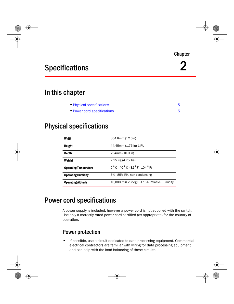 Specifications, Physical specifications, Power cord specifications | Power protection, 2 specifications, Physical specifications power cord specifications, Chapter | Brocade Mobility RFS4000 Controller Installation Guide (Supporting software release 4.3.0.0 and later) User Manual | Page 15 / 42