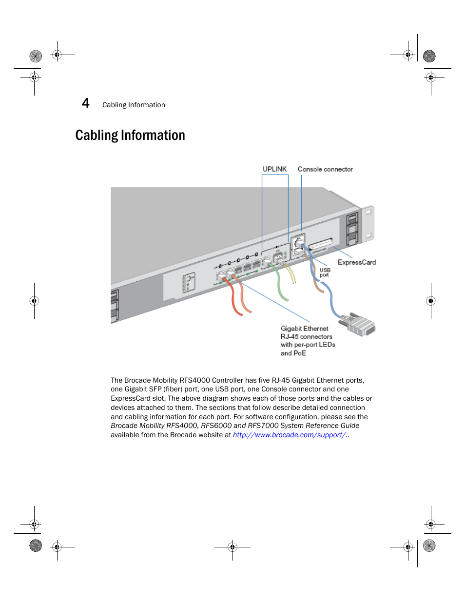 Cabling information | Brocade Mobility RFS4000 Controller Installation Guide (Supporting software release 4.3.0.0 and later) User Manual | Page 24 / 42