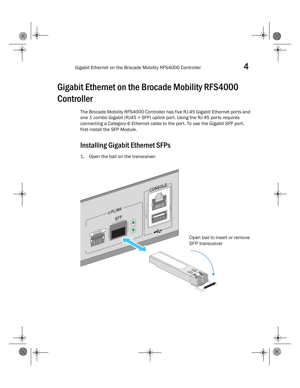 Installing gigabit ethernet sfps | Brocade Mobility RFS4000 Controller Installation Guide (Supporting software release 4.3.0.0 and later) User Manual | Page 25 / 42