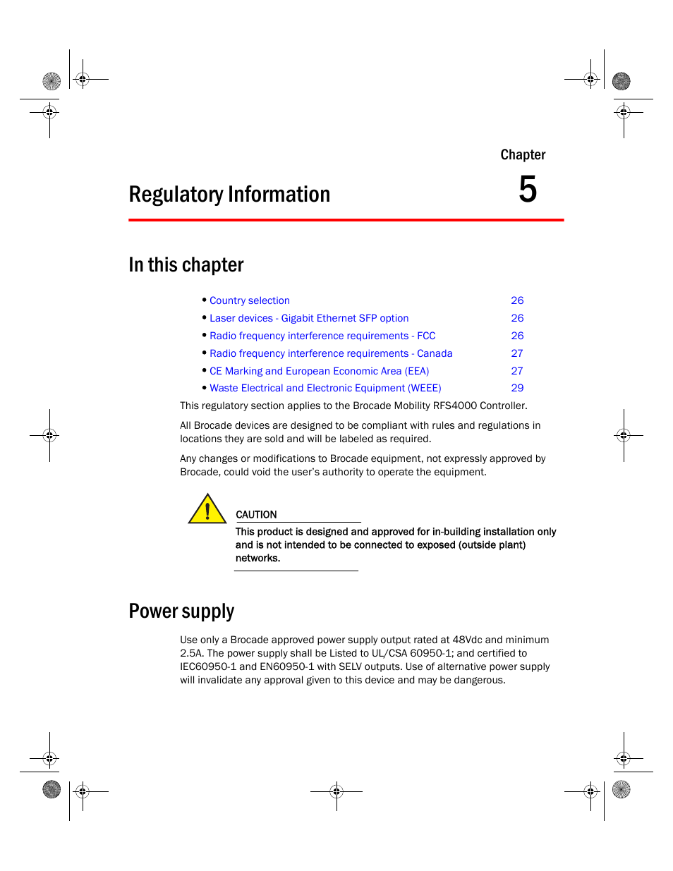 Regulatory information, Power supply, 5 regulatory information | Brocade Mobility RFS4000 Controller Installation Guide (Supporting software release 4.3.0.0 and later) User Manual | Page 35 / 42