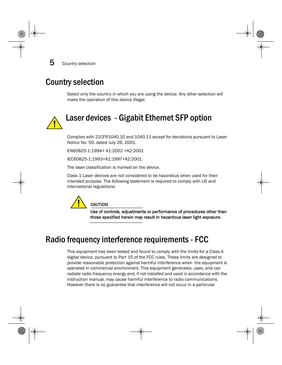 Country selection, Laser devices - gigabit ethernet sfp option, Radio frequency interference requirements - fcc | Brocade Mobility RFS4000 Controller Installation Guide (Supporting software release 4.3.0.0 and later) User Manual | Page 36 / 42