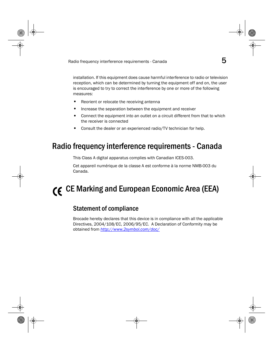 Radio frequency interference requirements - canada, Ce marking and european economic area (eea), Statement of compliance | Brocade Mobility RFS4000 Controller Installation Guide (Supporting software release 4.3.0.0 and later) User Manual | Page 37 / 42