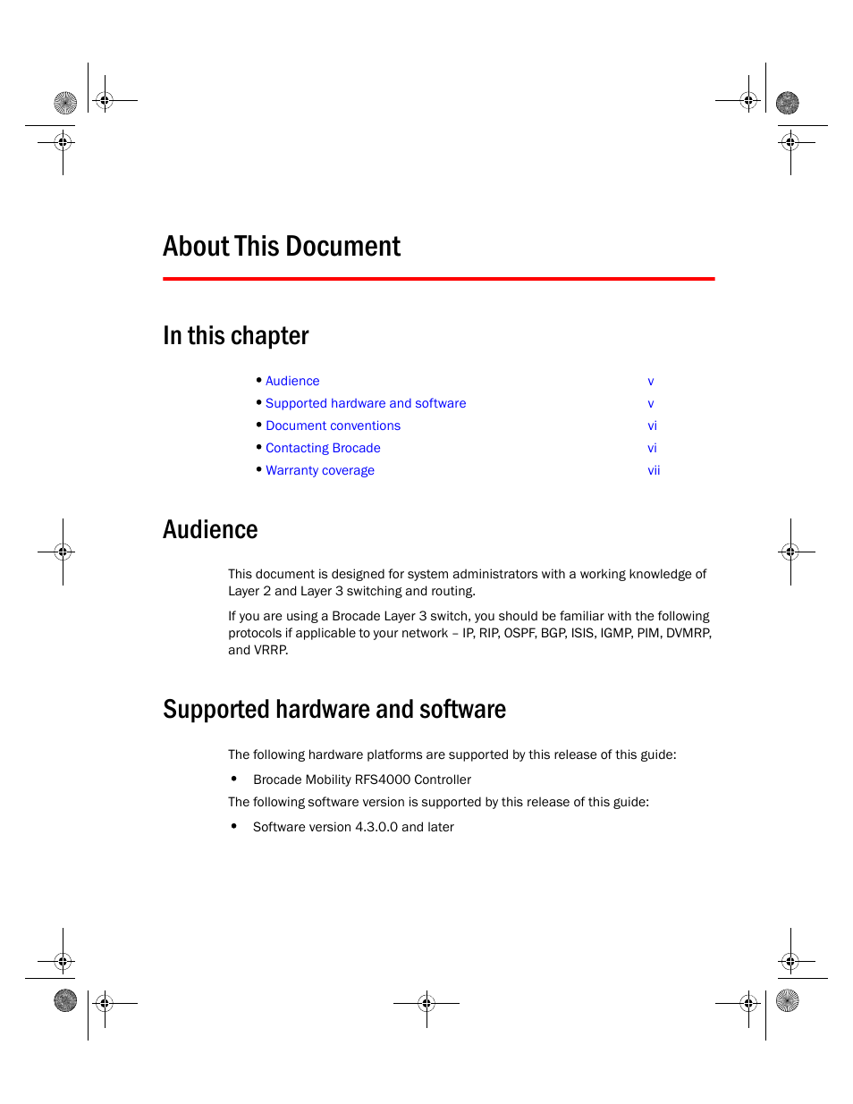 About this document, Audience, Supported hardware and software | Brocade Mobility RFS4000 Controller Installation Guide (Supporting software release 4.3.0.0 and later) User Manual | Page 7 / 42